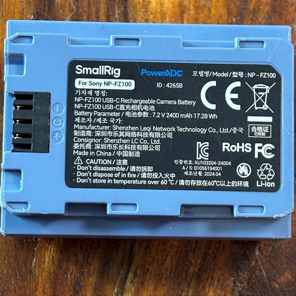 SmallRig NP-FZ100 USB-C Rechargeable‎ Camera Battery 2400mAh Blue 4265B for Sony